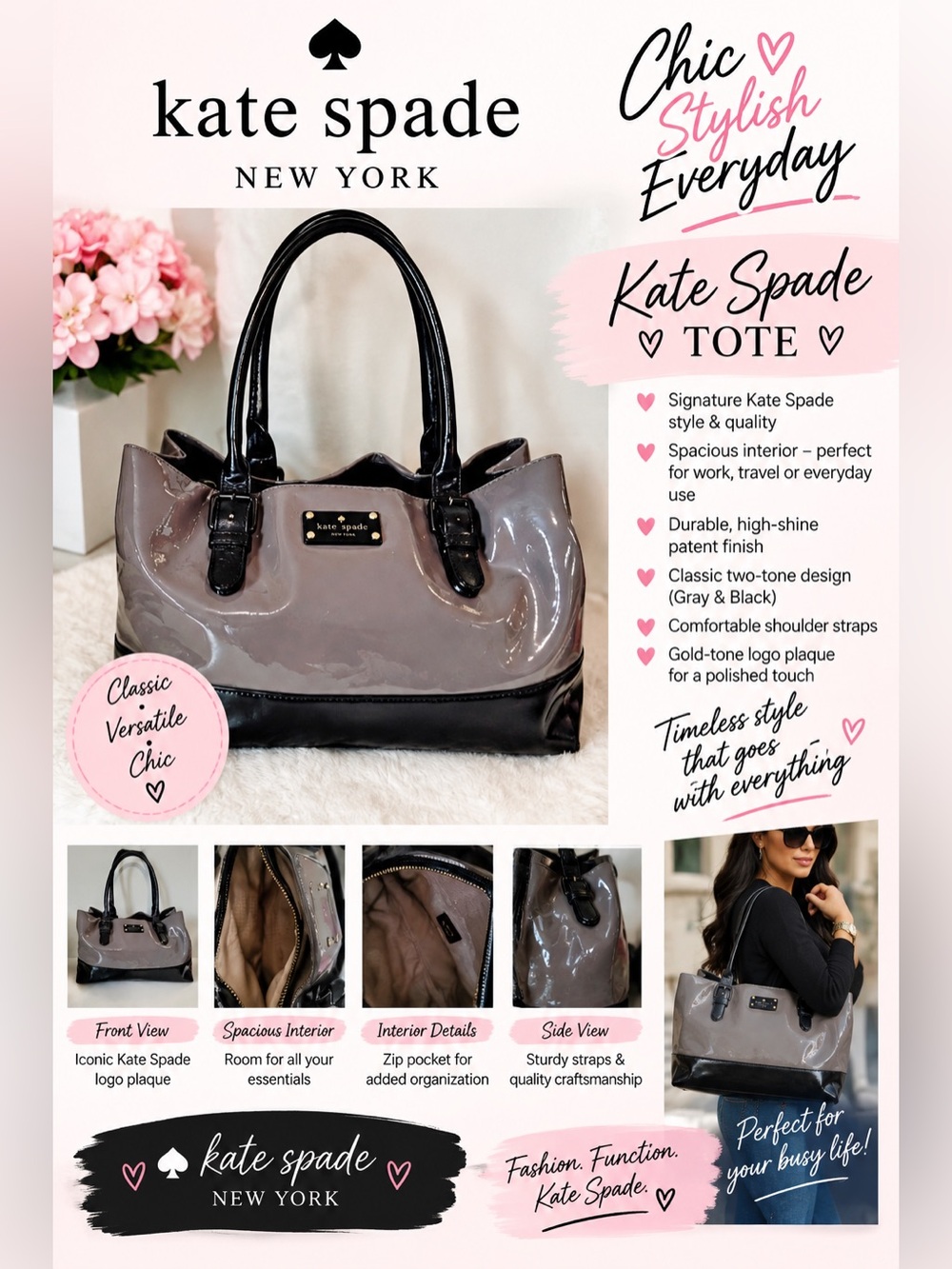 kate spade gray and black patent leather tote